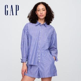 【GAP】女裝 純棉翻領長袖襯衫-藍白條紋(781563)