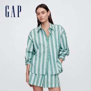 【GAP】女裝 純棉翻領長袖襯衫-綠色條紋(781563)