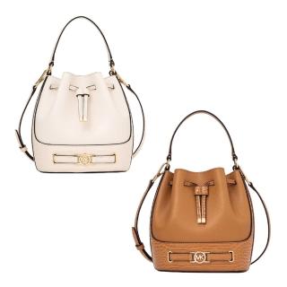 【Michael Kors】蛇紋皮革拼接素面皮革兩用水桶包