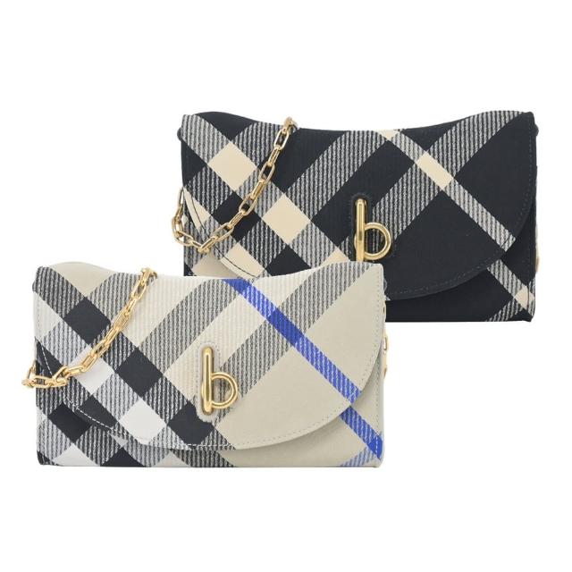【BURBERRY 巴寶莉】Rocking Horse 新款格紋帆布鏈帶翻蓋斜背包(任選)