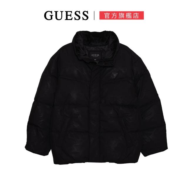 【GUESS】浮雕小LOGO立領羽絨外套(黑色)