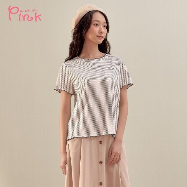 【PINK NEW GIRL】涼感小繡花條紋短袖上衣 Y1304AQ