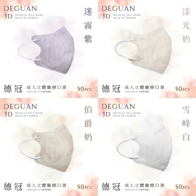 【德冠DEGUAN】成人3D立體醫療口罩50入/盒(透氣材質｜鼻樑壓條｜彈力耳帶｜MIT製造)