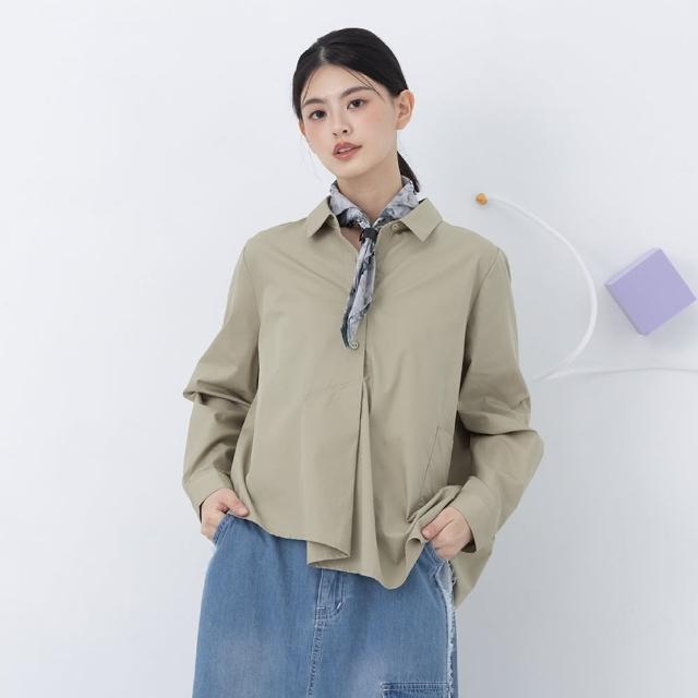 【MOSS CLUB】有領半開襟大活摺長袖襯衫(白 綠)