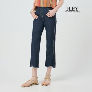 【ILEY 伊蕾】褲腳抽鬚微喇棉質牛仔褲(深藍；M-XL；1252338613)