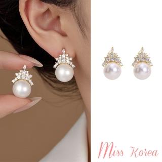 【MISS KOREA】韓國設計S925銀針法式高階感美鑽皇冠珍珠耳環(S925銀針耳環 皇冠耳環 珍珠耳環)