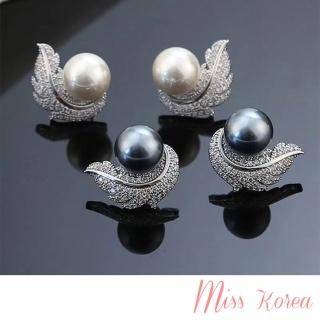【MISS KOREA】S925銀針耳環 珍珠耳環/韓國設計S925銀針華麗羽毛鋯石鑲嵌珍珠耳環(2色任選)