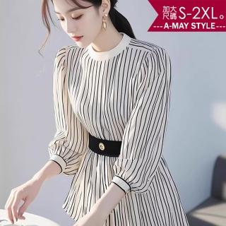 【Amay Style 艾美時尚】中大尺碼女裝 襯衫 法式時尚線條設計感顯瘦七分袖中長版上衣。S-2XL(條紋.預購)