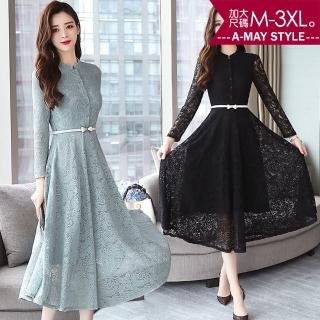 【Amay Style 艾美時尚】中大尺碼女裝 小禮服 連身裙 典雅小立領蕾絲顯瘦中長裙連身洋裝。M-3XL(2色.預購)