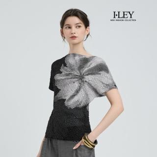 【ILEY 伊蕾】特殊抓皺壓褶印花上衣(黑；M-2L；1252361017)