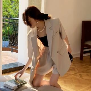 【MsMore】薄款西裝套裝小個子設計感氣質顯瘦短袖外套短褲兩件式#124758(米杏/黑)