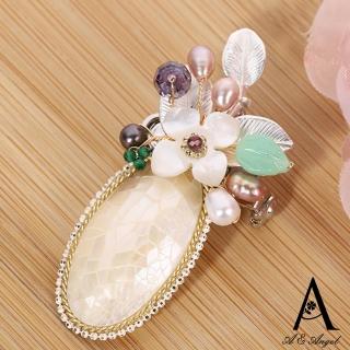 【ANGEL】橢圓爆裂珍珠花漾胸針別針兩用款(金色)