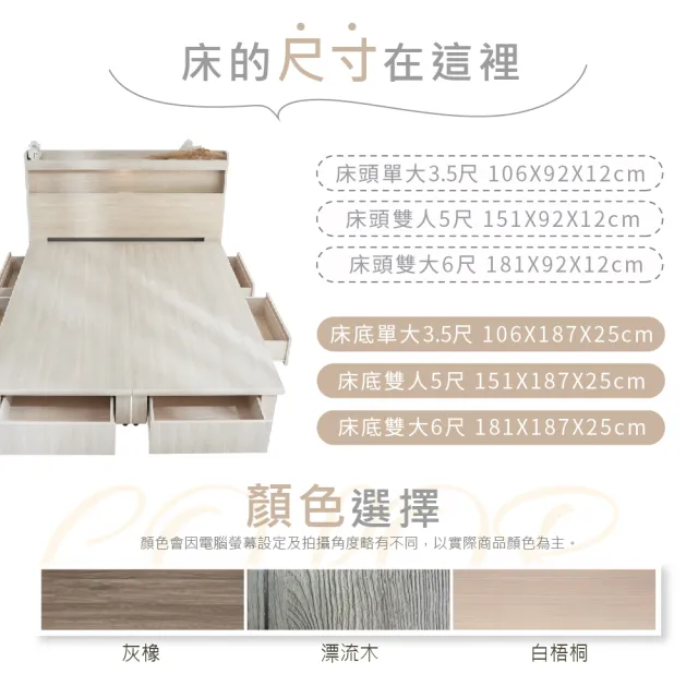 【藤原傢俬】遙控/觸控燈附插座木芯板新6抽床組3.5尺單人加大(新6抽床架/床底+床頭)
