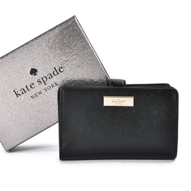 【KATE SPADE】經典LOGO金屬牌防刮皮革釦式中夾禮盒(黑色)