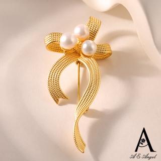 【ANGEL】法式細麻花蝴蝶結珍珠胸針別針絲巾扣兩用款(金色)
