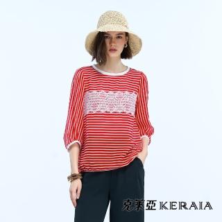 【KERAIA 克萊亞】紅韻輕語蕾絲條紋棉質上衣