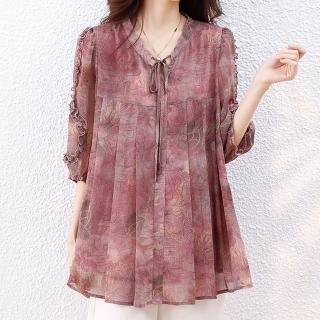 【麗質達人】8287粉紫雪紡印花五分袖上衣-LY(M-5XL)
