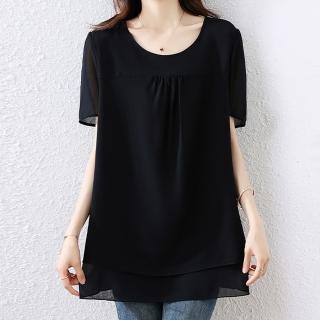 【麗質達人】6555黑色雪紡長版上衣-LY(L-5XL)