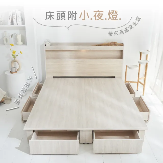 【藤原傢俬】遙控/觸控燈附插座三件式床組6尺雙人加大(新6抽床架床底+床頭+白色戀人硬式床墊)