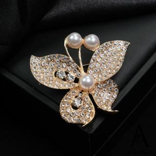 【ANGEL】復古蝴蝶結鑲鑽珍珠防走光胸針別針兩用款(金色)