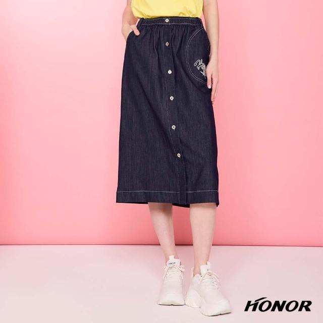 【HONOR 山形屋】排釦字母刺繡口袋高腰中長裙-深藍