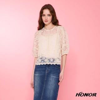 【HONOR 山形屋】氣質透膚蕾絲緹花泡泡五分袖兩件式上衣-米白
