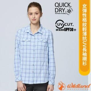 【Wildland 荒野】女 彈性格紋輕薄抗UV長袖襯衫.休閒運動上衣/Q QUICK DRY 快乾吸排(0B31201-45 地中海藍)