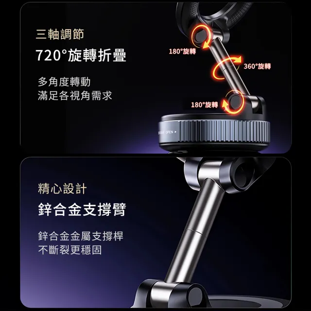 【itop】機械真空吸盤手機支架 720度三軸旋轉折疊 鋅合金支撐桿 汽車用磁吸手機架 magsafe桌面支架