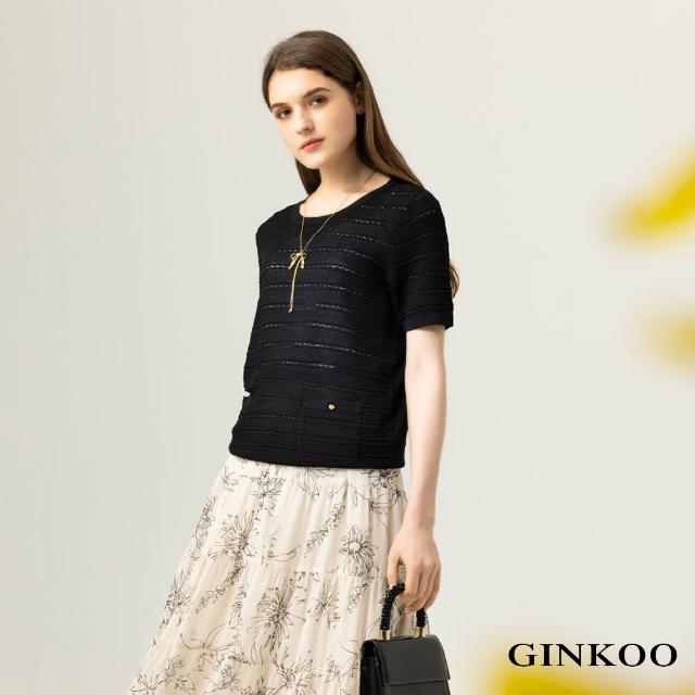 【GINKOO 俊克】前口袋圓領條紋針織上衣