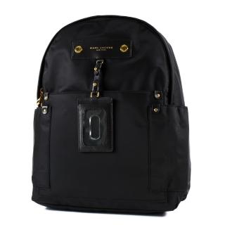 【MARC JACOBS】皮革燙金LOGO尼龍雙側置物拉鍊後揹包-黑色