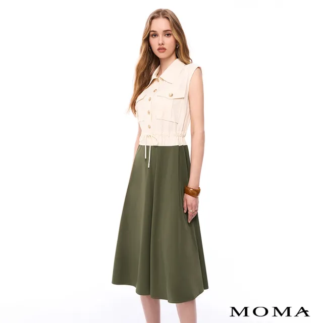 【MOMA】涼感系列 I 森林綠意撞色抽繩長洋裝(深綠色)