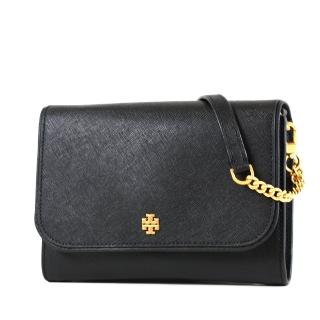 【TORY BURCH】防刮十字紋翻蓋鍊帶斜背WOC包-黑色