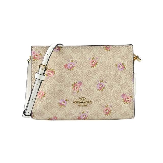 【COACH】SLIMC LOGO PVC雙色玫瑰印花方型斜背包(沙黃色/小款)