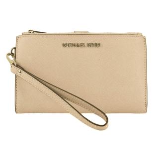 【Michael Kors】JET SET TRAVEL 防刮奶茶色多功能手拿皮夾/手機包(手提帶可拆)