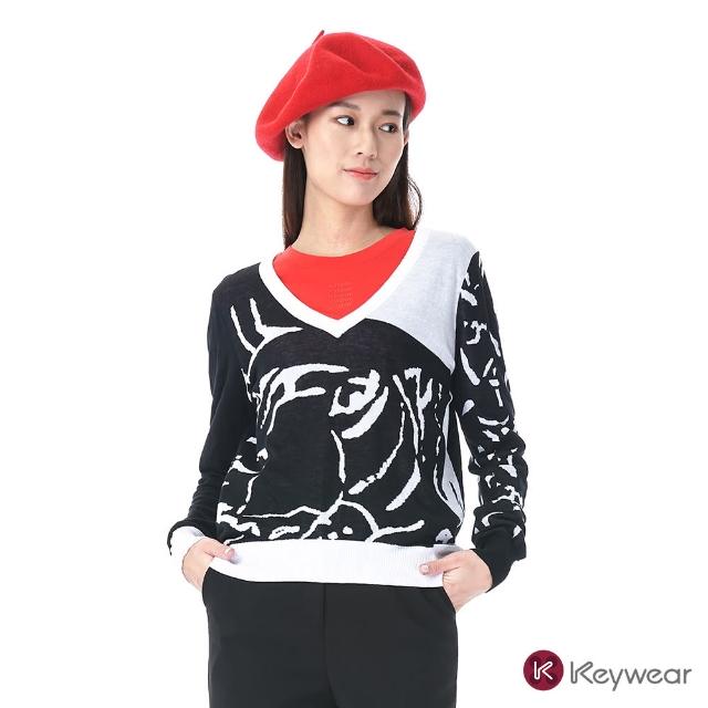 【KeyWear 奇威名品】抽象虎紋長袖針織上衣