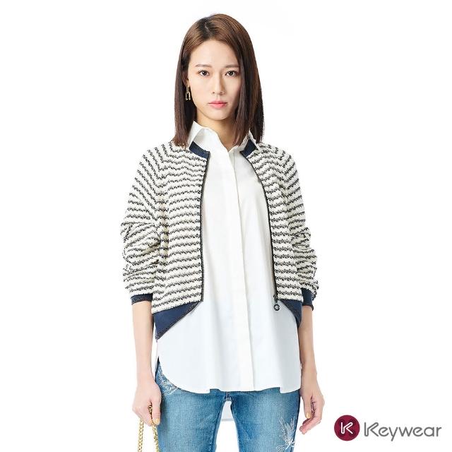 【KeyWear 奇威名品】條紋結構拉克蘭袖針織外套
