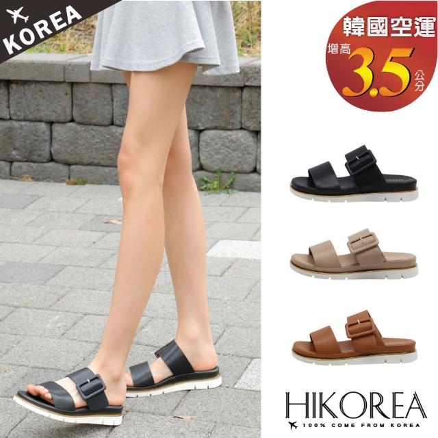 【HIKOREA】韓國空運。側扣皮革寬帶3.5CM厚底涼拖鞋/版型偏小(71-3587/三色/現貨+預購)