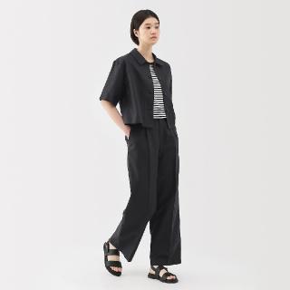 【MUJI 無印良品】女大麻混斜紋織打褶寬版褲(共2色)