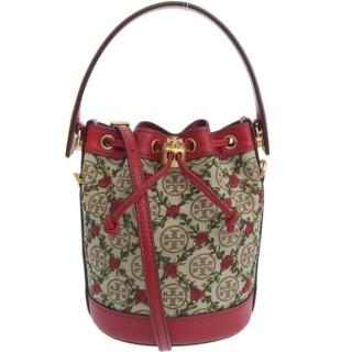 【TORY BURCH】專櫃款紅玫瑰X卡其織紋布小款手提斜背水桶包