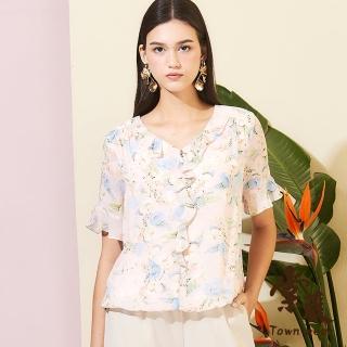 【TOWN’WEAR 棠葳】浪漫花語雪紡上衣(中大尺碼/女上衣/女上著/短袖/透膚/翻領/鑽飾/荷葉邊/氣質)