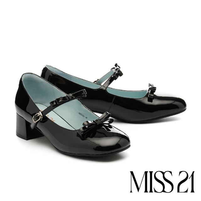 【MISS 21】吃花少女純色蝴蝶結牛漆皮瑪莉珍高跟鞋(黑)