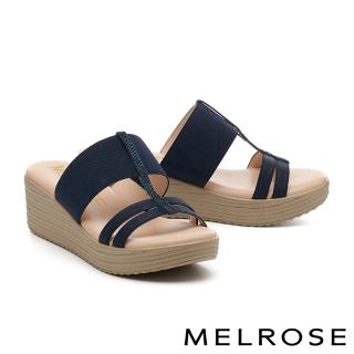 【MELROSE】美樂斯 夏日輕旅 別致時尚晶鑽繫帶拼接鬆緊帶厚底拖鞋(藍)