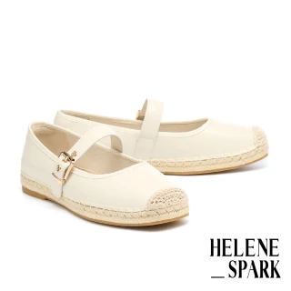 【HELENE_SPARK】優雅度假感寬帶異材質瑪莉珍草編厚底休閒鞋(米白)