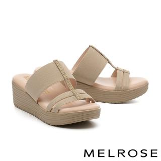 【MELROSE】美樂斯 夏日輕旅 別致時尚晶鑽繫帶拼接鬆緊帶厚底拖鞋(杏)