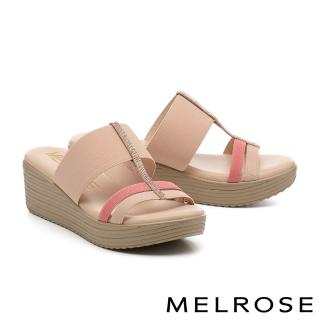 【MELROSE】美樂斯 夏日輕旅 別致時尚晶鑽繫帶拼接鬆緊帶厚底拖鞋(粉)