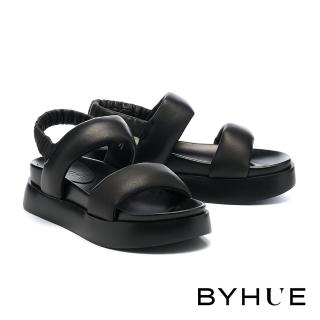 【BYHUE】簡約舒適澎澎雙寬帶軟羊皮厚底涼鞋(黑)
