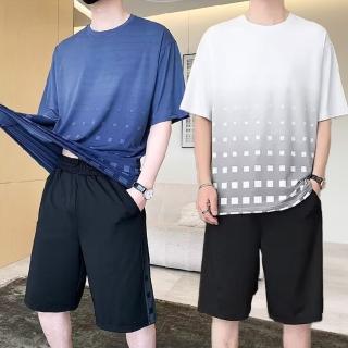 【Heart:W 新職人】★漸層方格冰絲套裝(男上衣/休閒/舒適/T恤)