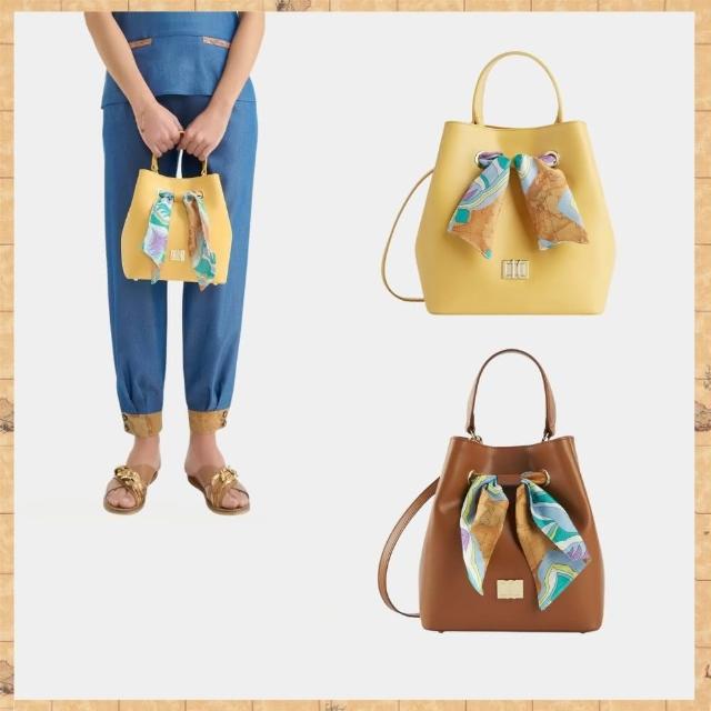 【Alviero Martini】義大利地圖包 印花絲巾牛皮水桶包(兩色任選)