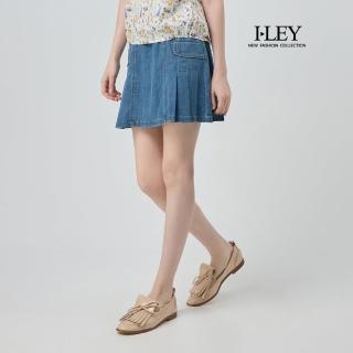 【ILEY 伊蕾】撞色織帶車摺牛仔短褲裙(藍；M-XL；1252338203)