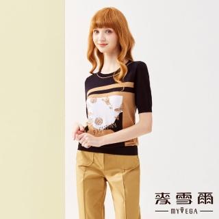 【MYVEGA 麥雪爾】蝴蝶花卉圖案五分袖針織上衣-深藍